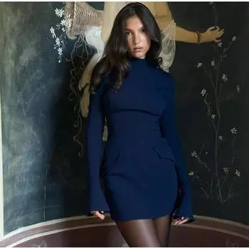 Женское элегантное темно-синее повседневное мини-платье, осеннее сексуальное облегающее платье с карманами и длинными рукавами, женский шикарный вечерние клубный халат L чёрный