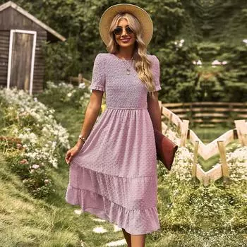 Женское элегантное тонкое платье трапециевидной формы с круглым вырезом на весну и лето M розовый