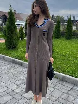 Женское элегантное трикотажное платье весна-осень с длинным рукавом сексуальные платья с V-образным вырезом женские облегающие однобортные платья-свитера А-силуэта S хаки