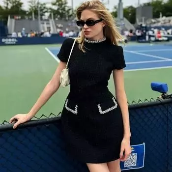 Женское элегантное твидовое платье А-силуэта, облегающее платье Y2k с короткими рукавами, ретро-платье с круглым вырезом в стиле пэчворк, роскошное вечернее платье S чёрный