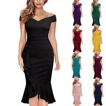 Женское элегантное вечернее платье с V-образным вырезом, однотонное винтажное коктейльное женское платье с оборками и складками S жёлтый