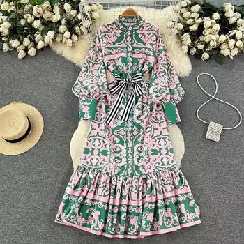 Женское элегантное вечернее платье весна осень ретро тонкий воротник стойка длинный рукав принтованные платья дамская мода винтажный длинный халат M зелёный