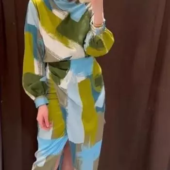 Женское элегантное винтажное платье с разрезом и принтом, женская мода, О-образный вырез, длинные рукава, миди-платья, весенние вечерние повседневные платья S