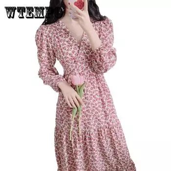 Женское элегантное винтажное розовое платье с высокой талией и цветочным принтом, тонкое длинное праздничное платье с v-образным вырезом и рюшами XXL
