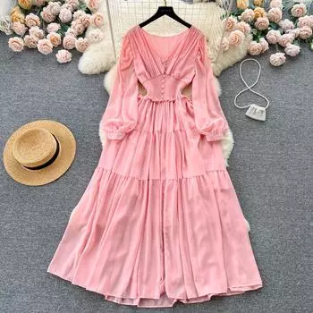 Женское элегантное винтажное шифоновое длинное платье с v-образным вырезом и длинными рукавами, повседневные французские плиссированные тонкие платья трапециевидной формы One Size чёрный