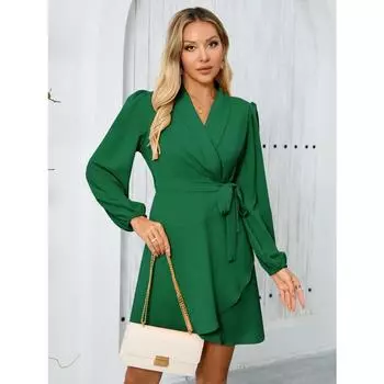 Женское элегантное женское платье с длинным рукавом и лацканами S зелёный