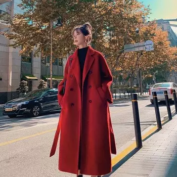 Женское элегантное зимнее осеннее свободное длинное шерстяное пальто с поясом шерстяное пальто толстое теплое шерстяное оверсайз верхняя одежда S красный