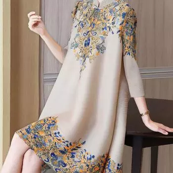 Женское элитное темпераментное летнее платье с круглым воротником и принтом, юбка, модная свободная одежда больших размеров для вечеринок, плиссированные платья M абрикосовый