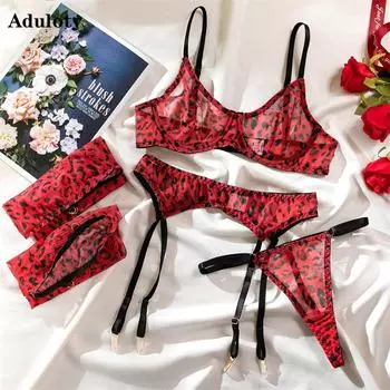 Женское эротическое белье Aduloty, сексуальное сетчатое белье с леопардовым узором, шелковые носки, летнее нижнее белье, комплект с бюстгальтером S красный