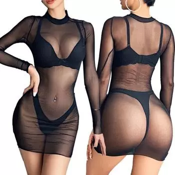 Женское эротическое мини-платье с длинным рукавом и прозрачным вырезом в ночное белье Bodycon XXL