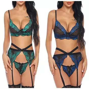 Женское эротическое нижнее белье, сексуальный кружевной бюстгальтер и трусики, комплект из 3 предметов, женское нижнее белье с открытой спиной, эротические пижамы, одежда для сна, женское боди, эротическая одежда S