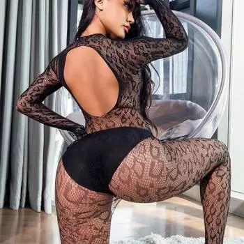 Женское эротическое тонкое прозрачное нижнее белье с леопардовым принтом, длинный рукав, цельный сексуальный костюм с открытой спиной, соблазнительные высокие эластичные чулки XS