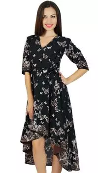 Женское асимметричное прямое платье Bimba с карманами и принтом из хлопка классическое миди 14 чёрный