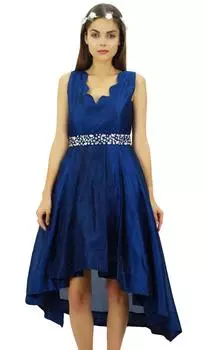 Женское асимметричное вечернее платье Bimba для выпускного вечера с зубчатым вырезом и поясом из бисера 14 синий