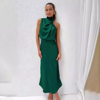 Женское атласное элегантное вечернее платье без рукавов 4XL армия зеленый