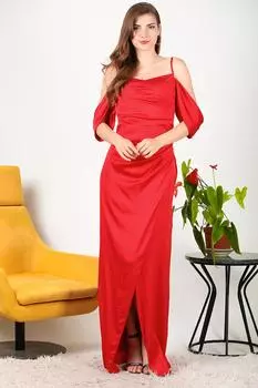 Женское атласное длинное вечернее платье на бретелях