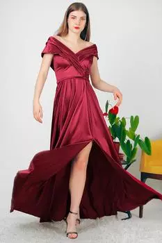 Женское атласное длинное вечернее платье с вырезом лодочкой