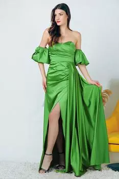 Женское атласное длинное вечернее платье с объемными рукавами