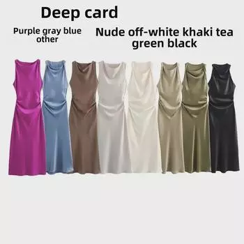Женское атласное платье без рукавов в европейском и американском стиле с круглым вырезом - 3897158 XS темные хаки