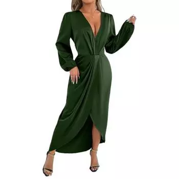 Женское атласное платье-халат длинное с V-образным вырезом и длинными рукавами, платье макси L