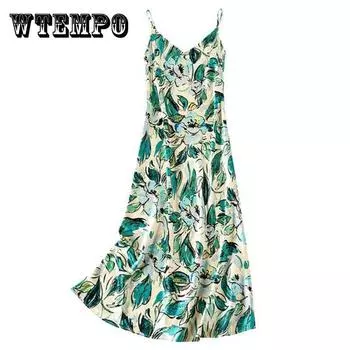 Женское атласное платье на подтяжках с зеленым принтом листьев, винтажное элегантное длинное праздничное платье с открытой спиной XXL