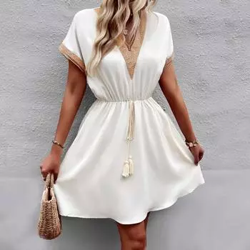 Женское атласное платье с кружевными рукавами «летучая мышь» на весну и лето, платья с утягивающей талией S чёрный