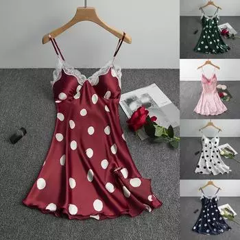 Женское атласное платье с принтом в горошек, сексуальное женское белье, домашняя одежда, пижама, ночная рубашка L зелёный