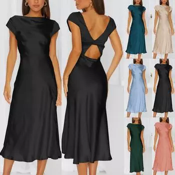 Женское атласное платье с висячим вырезом, однотонное сексуальное платье без рукавов с разрезом S бежевый
