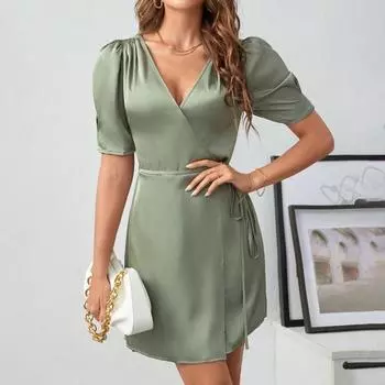 Женское атласное платье Весна и лето Платья с рукавами-фонариками на французском языке XS зелёный