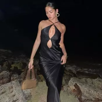 Женское атласное сексуальное платье макси с открытой спиной и вырезами для вечеринки, ночного клуба, дня рождения S чёрный