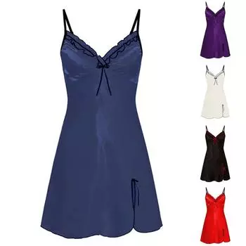 Женское атласное шелковое платье с бантом, однотонное сексуальное нижнее белье для сна, платье L чёрный