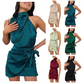 Женское атласное узкое платье со шнуровкой Senior Sense с подвесным воротником L чёрный