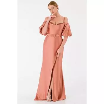 Женское атласное вечернее платье с асимметричным разрезом и тонким ремешком Cinnamon