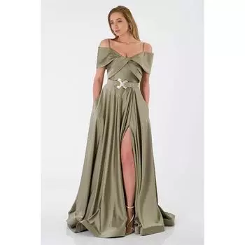 Женское атласное вечернее платье с бантом и разрезом цвета хаки