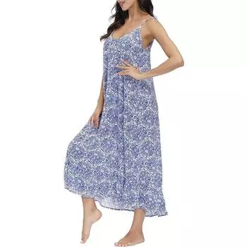 Женское этническое пляжное платье макси с V-образным вырезом и цветочным принтом в стиле бохо L синий