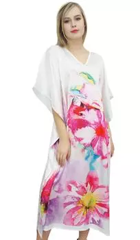 Женское эксклюзивное атласное длинное платье-кафтан с цветочным принтом Bimba Designer Maxi 10 белый