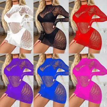 Женское ажурное облегающее платье в сеточку с длинным рукавом и открытой спиной, мини-платье, ночное белье One Size