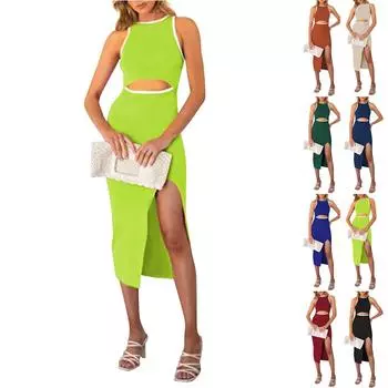 Женское ажурное платье средней длины с жилетом без рукавов с круглым вырезом и облегающим платьем с разрезом L чёрный