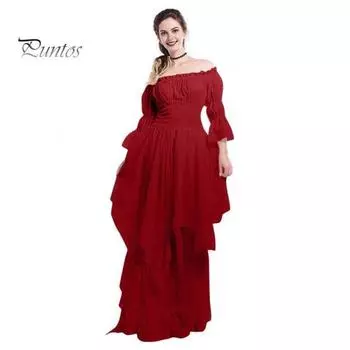 Женское бальное платье с открытыми плечами в готическом стиле с длинными рукавами-рогами Нерегулярные многослойные плиссированные эластичные узкие талии Сплошной цвет Ретро Ренессанс Вечеринка Пром Макси XXL белый