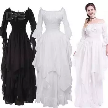 Женское бальное платье с открытыми плечами в готическом стиле с длинными рукавами-рогами Нерегулярные многослойные плиссированные эластичные узкие талии Сплошной цвет Ретро Ренессанс Вечеринка Пром Макси XXL белый