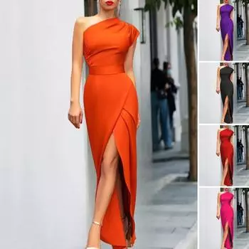 Женское бальное вечернее платье без рукавов на одно плечо, однотонное, облегающее, с узкой талией, платье с высоким разрезом и высокой талией, наклонное вечернее платье макси, женская одежда 2XL розы красного