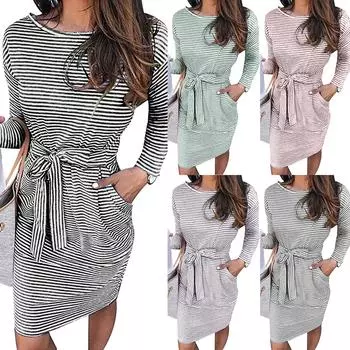 Женское бандажное платье средней длины с круглым вырезом и карманами в полоску и длинными рукавами M