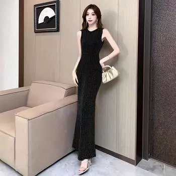 Женское банкетное платье без рукавов из яркого шелка знаменитого темперамента S чёрный