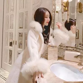 Женское бархатное пальто из искусственного норки, новинка 2022 года, зимняя корейская свободная повседневная шерстяная верхняя одежда, женская шерстяная куртка с длинным меховым воротником из искусственного меха S белый