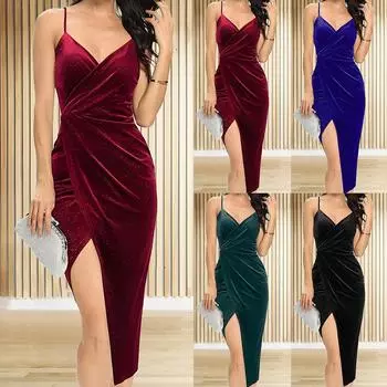 Женское бархатное платье миди с V-образным вырезом, облегающее женское вечернее бальное платье для коктейля