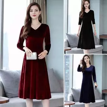 Женское бархатное платье осень-зима однотонное платье с V-образным вырезом средней длины А-силуэтное платье для свадьбы подружки невесты вечеринки повседневная одежда M синий