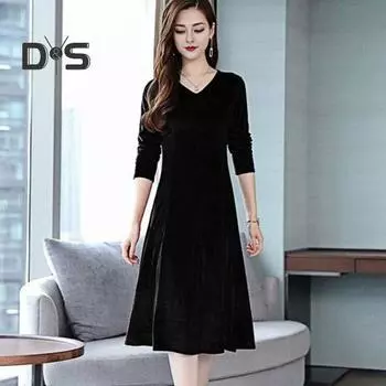 Женское бархатное платье осень-зима однотонное платье с V-образным вырезом средней длины А-силуэтное платье для свадьбы подружки невесты вечеринки повседневная одежда M чёрный