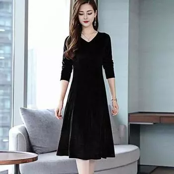 Женское бархатное платье осень-зима однотонное платье с V-образным вырезом средней длины А-силуэтное платье для свадьбы подружки невесты вечеринки повседневная одежда M вино красного