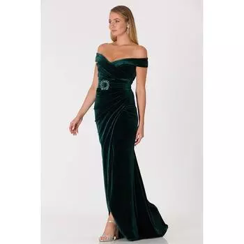 Женское бархатное платье принцессы с воротником и разрезом цвета хаки POLY