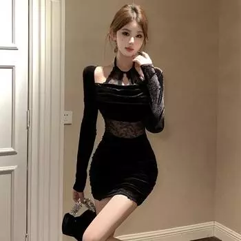 Женское бархатное платье Spice Girl с кружевным воротником и длинными рукавами S чёрный